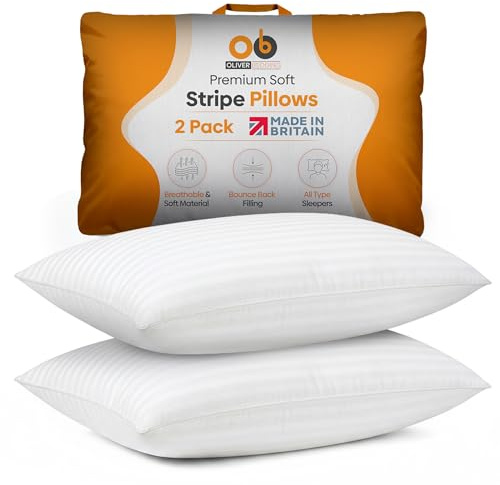 Oliver Bedding Premium Stripe Soft Pillows - 2 Pack(White), Microfiber Hotel Quality Pillow for Side Sleepers, Bounce Back Bed Pillow, Designed for Comfort, Luxury Sleep & Dust Mite Resistant