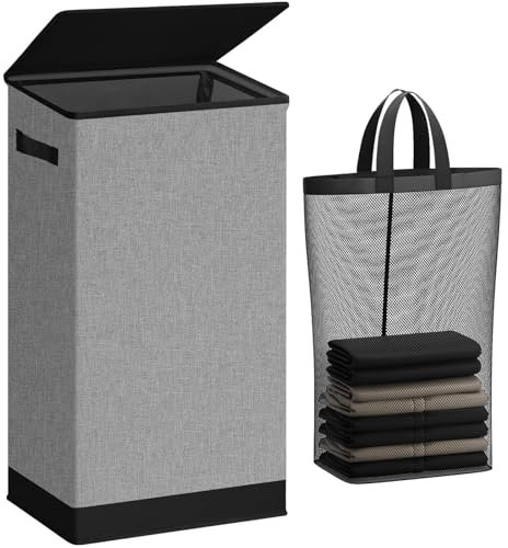SOLEDI 100L Laundry Basket with Lid Large Washing Basket, Sturdy Hamper with Laundry Bag, Collapsible Storage Bin Dirty Clothes Basket for Bedroom, Bathroom, Laundry, Dorm, College, Apartment, Grey