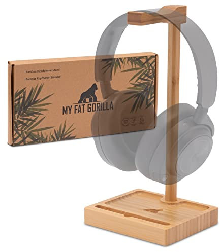 MY Fat Gorilla Soporte Auriculares bambú con Hueco para Smartphone, Soporte Cascos con Bandeja, Soporte Cascos Gaming de Madera, Soporte Auriculares Gaming sostenible (Bambu)