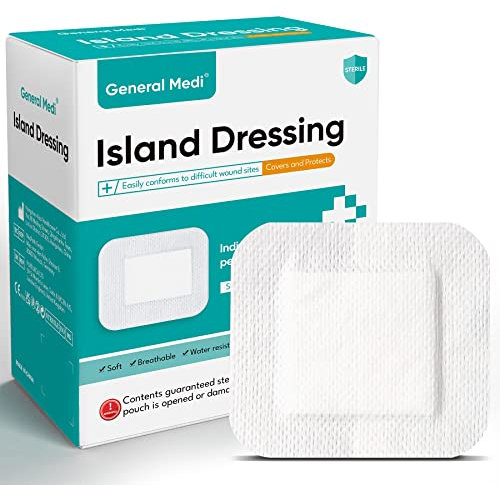 General Medi Steriler Inselverband mit umrandetem Blick - 50 Count, 10 x 10cm Gaze-Pads, Wundversorgung Pad mit Kleberand - sterile, weiche & hoch saugfähige medizinische Qualität Dressing Pad