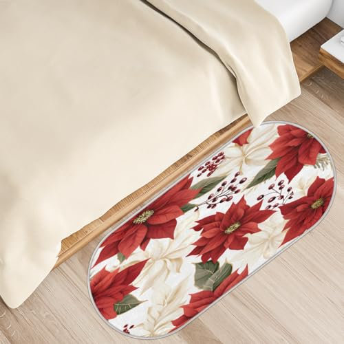 Badezimmerteppich, Weihnachtssterne, Blumen, Beeren, rutschfest, Mikrofaser, Badematte, saugfähig, Küchenmatten und Teppiche, maschinenwaschbar, ovale Plüsch-Bodenmatte für Badezimmer, Schlafzimmer,
