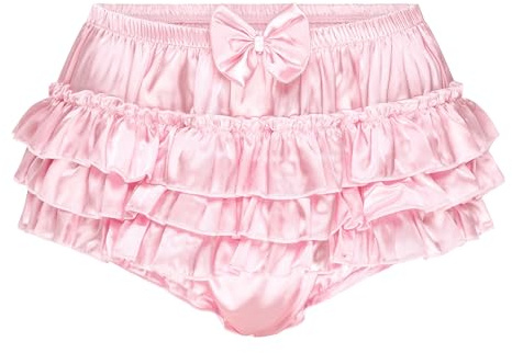 Satini Frilly Sissy Ruffled French Knickers Briefs Lingerie Silky Satin Underwear Panties (Baby Pink, M)