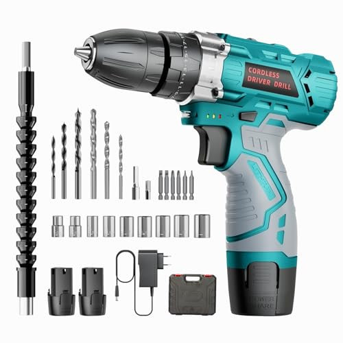 Power Taladro Percutor a Bateria 12V, Taladro Atornillador Electrico, Taladro Atornillador Batería 2 Velocidades, 2000mah Bateria * 2, 24 * Accesorio
