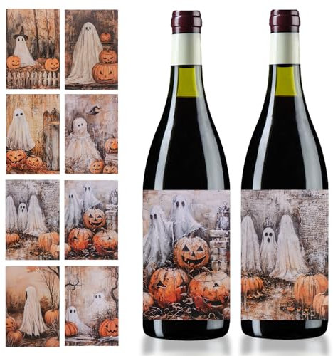 URROMA Wein-/Bierflaschen-Etiketten, Vintage-Flaschenetiketten, Aufkleber mit Kürbis-Geisterspinnen-Muster für Halloween, 8 Stile, 32 Stück