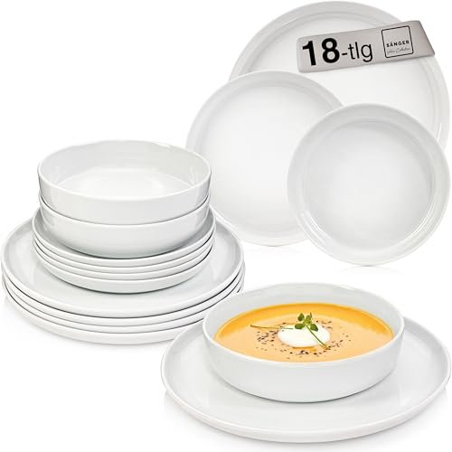 SÄNGER |Tafelservice Marlo weiß, 18-teiliges Geschirrset für 6 Personen aus Porzellan, Speise-, Dessert- & Schalen, moderne Form, spülmaschinenfest, Essgeschirr, Teller Set PREMIUM COLLECTION