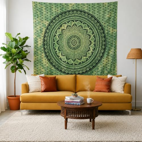 FURNISHFUL FINESSE Handmade Cotton Mandala Wall Tapestry - Green Ombre Boho Wall Decor, Indian Boho Bohemian Hippie Room Hanging for Bedroom, Dorm & Living Room Aesthetic - 30X40, Green