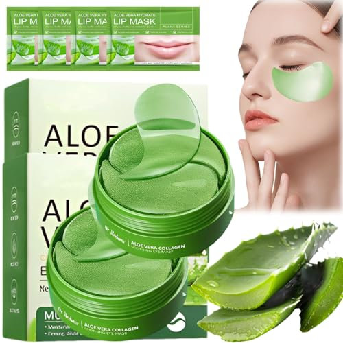 120 Pcs Patch Occhi Aloe Vera, Patch Occhiaie Aloe Vera, Collagene mask Occhi, con Maschera per le Labbra, Anti-Occhiaie, Rimuove Borse e Gonfiori, Idrata il Contorno Occh