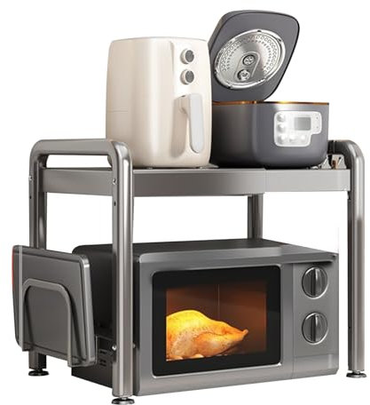 Yuehuamech Expandable Microwave Oven Rack 2 Tier Kitchen Microwave Shelf Countertop Organizer Shelve with Cutting Board Holder and 6 Hooks Corner Shelf Pot Pan Grill Storage Racks