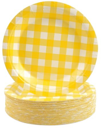 HFBOBP Lot de 50 assiettes jetables en carton vichy jaune de 17,8 cm pour pique-nique, camping, réunion de famille, fête prénatale, anniversaire, enterrement de vie de jeune fille
