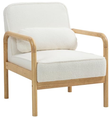 HOMCOM Fauteuil de Salon avec accoudoirs, Pieds en Bois, Assise Large et épaisse, Fauteuil de Relaxation, Fauteuil de Lecture, Aspect bouclé, Fauteuil rembourré, pour Chambre à Coucher, Blanc