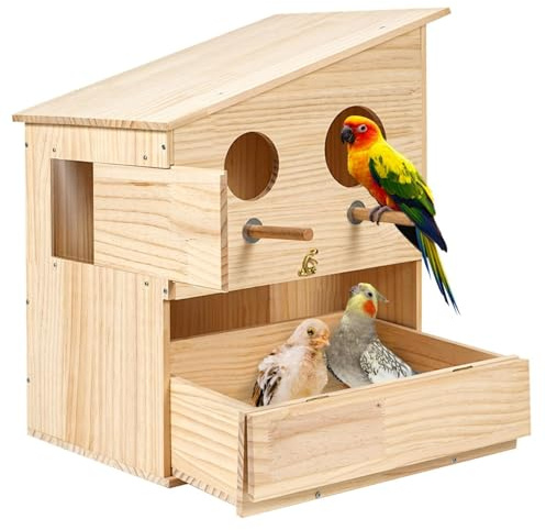 Fågelholk i trä, dubbla hål papegoja häckhus med låda och abborre för nymfkakadua undulater lovebird