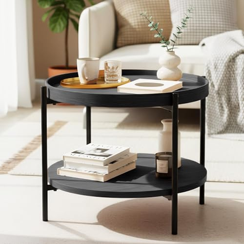 CLP Mesa de Centro Redonda de Madera Corbitan, mesita de salón de 2 Niveles con Almacenamiento, Estructura de Metal Negro pequeña, Color:Gris, Tamaño:Ø 50 cm