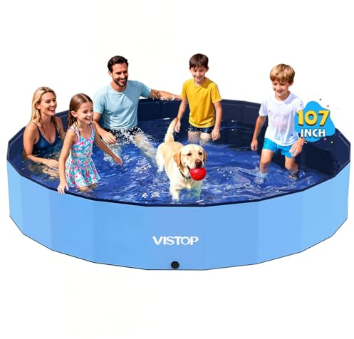 VISTOP Jumbo Foldable Dog Pool, Hard Plastic Shell Portable Swimming Pool for Dogs Cats and Kids Pet Puppy Bathing Tub Collapsible Kiddie Pool (107inch.D x 15.7inch.H, Blue)