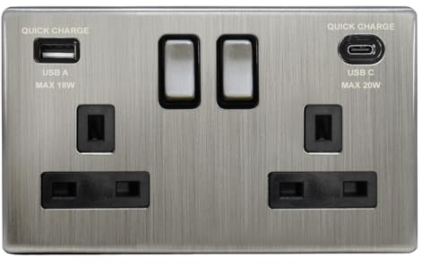 Double Switched Socket with USB-C and USB-A Charging, Brushed Chrome Metal, 13A 250VAC, 20W Fast Charge N4118DME