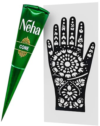 Neha Henna Cone with Professional Stencil (Pack of 1), Ready to Use Paste for Traditional Designs, Long-Lasting Rich Dark Stain, DIY Floral Pattern Template, Single Application Kit