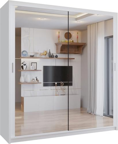 SLIDING WARDROBE 4U Double Mirror Sliding Door Wardrobe with LED LIGHT 90/120/150/180/203 (White, 203cm)