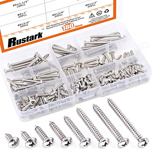 Rustark 180-Pcs [#8 3/8 to 1-1/2] 304 Stainless Steel Round Pan Head Phillips Cross Wood Screws Self Tapping Drilling Screws Assortment Kit