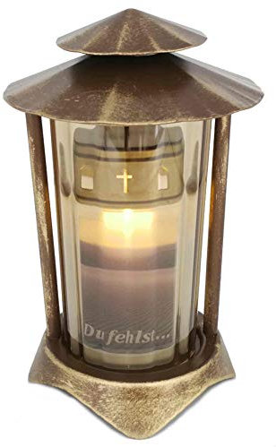 Lanterne funéraire en métal ronde avec Bougie LED de 21 cm (lanterne : Bronze - Verre : bronze).