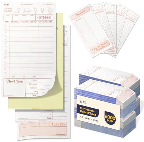 FMP Brands 3 Part Carbonless Guest Checks Pads, Perforated Server Note Pads Paper Total 2000 Sheets for Waitress Book, Waiter Food Receipt, and Business Checkbook with Guest Receipt