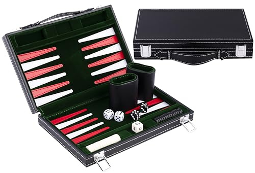 Engelhart - 250514 - Backgammon de Voyage - 11 Pouces - 28 cm - Jeu de Voyage - Simili Cuir & Feutre Surpiqués - Vert - Jeux de Stratégie de Poche