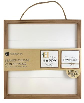 Hampton Art Framed Shiplap Wood Sign, Blank, 16x16 Inch, White Shiplap Panel, Rustic Wood Frame, Jute Hanger, DIY Home Decor Sign for Paint, Stencils, Vinyl