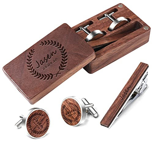 Manschettenknöpfe und Krawattenklammer, personalisierbar, Hochzeitsschmuck, Krawattenstange, Manschettenknöpfe, graviert, Geschenke für Männer, Trauzeugen, Ehemann, Vater, mit Geschenk-Box, Walnuss,
