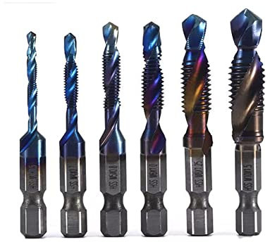 Ensemble d'embouts HSS pour tarauds combinés en titane, 6 pièces, taraudage à vis de taraudage 3 en 1, avec tige hexagonale 1/4 pouce (Bleu)