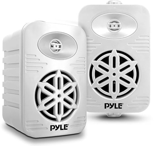 Pyle Indoor Outdoor Speaker Pair, 300W Dual Waterproof 10cm 2-Way Full Range Sound System with 1cm High Compliance Polymer Tweeter, Wall Mounted Bluetooth FM Portable Audio System, White