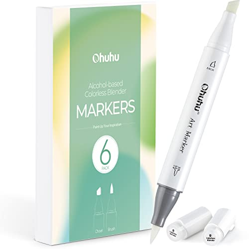 Ohuhu alkoholmarkörer färglösa blandare - paket med 6 alkoholbaserade bläck nr.0 mixer pensel penna från hu-markörer för enkel blandning av lager med alkoholmarkörer | Brush & Chisel dubbla spetsar AP-certifierad krita markör konst markör för misstag som belyser tillsatta texturer