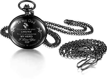 JewelryWe Personalisierte Taschenuhr mit Gravur Herren Glänzend Poliert Kettenuhr Analog Quarz Uhr mit Halskette Kette Pocket Watch Geschenk Schwarz