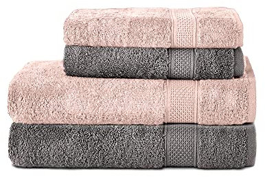 Komfortec 4er Handtuch Set aus 100% Baumwolle, 2er Badetücher 70x140 cm und 2er Handtücher 50x100 cm, Frottee, Weich, Anthrazit/Rosa