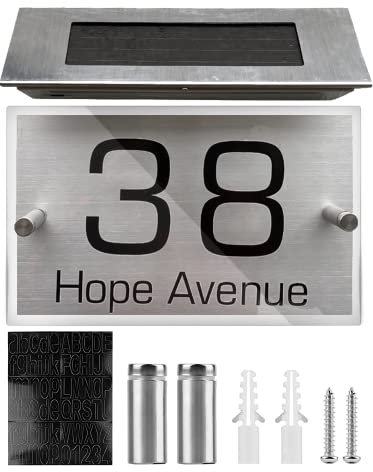 BNGXR Beleuchtete LED Solar Hausnummer, Hausnummer aus Edelstahl Solar mit 4 LEDs, Wasserdicht Solarhausnummer mit Dämmerungsschalter Bewegungsmelder und mit Nummern 0-9 & Buchstaben A-Z