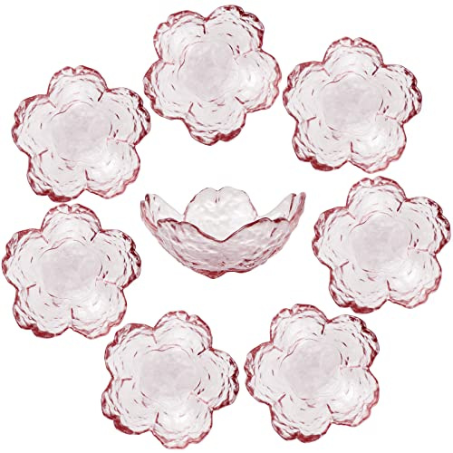 Sanbege 8 Pcs Glass Sakura Soy Sauce Dishes, Cute Mini Dessert Bowls, Stackable Tiny Appetizer Plates for Dips, Seasonings, Snacks, Fruits or Tea Bags, Small Candles, Trinkets (Pink)