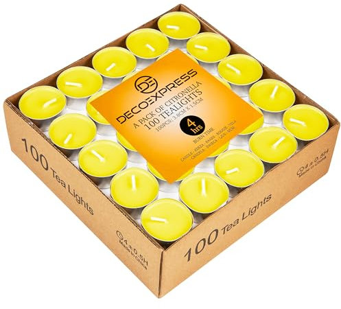 Deco Express Citronella Teelichter, 100er- oder 50er-Pack Duftkerzen Teelichter 4 oder 8 Stunden Brenndauer (4 Stunden x 100)