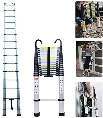 Scaletta Telescopica Alluminio con 2 Ganci, 15 Gradini, 6,2 m Scala Allungabile, Scala Portatile e Leggera, Forte e Stabile, Multiuso, Portata 150 kg, EN131, Argento