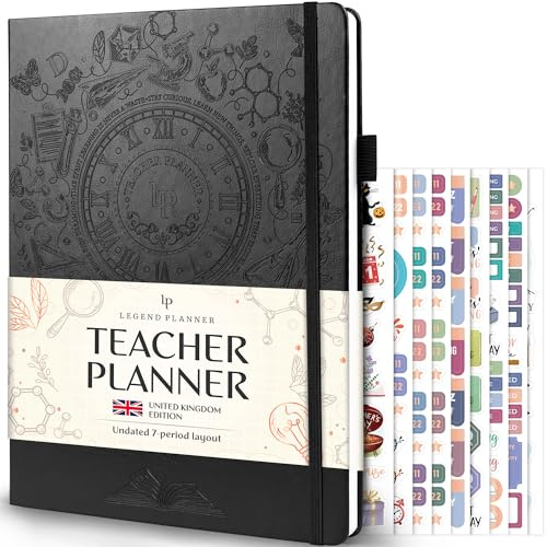 Legend Teacher Planner UK Edition - Libro de lecciones sin fecha para profesores con calendarios semanales y mensuales, organización del aula y planificador del año escolar, 21,5 x 28 cm, tapa dura