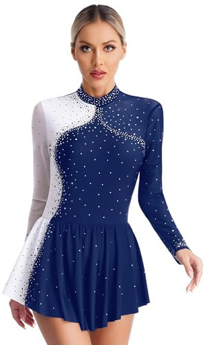 CHICTRY Eiskunstlauf Kleid Damen Langarm Strass Glitzer Ballettkleid Stehkragen Tanzbody Farbblock Patchwork Trikot Mit Wickelrock Dancewear Navy blau L