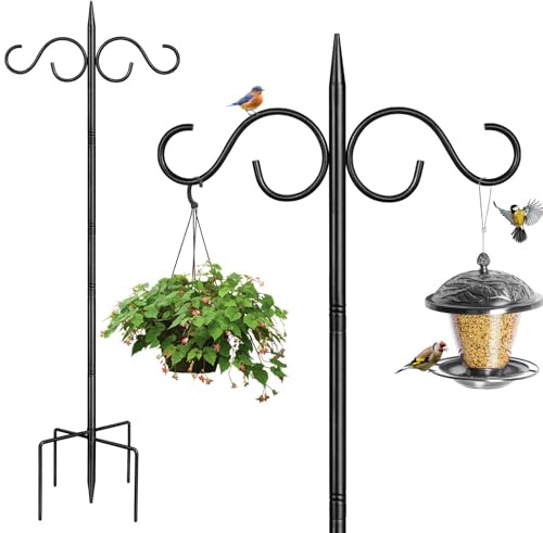 Bird Feeder Poles and Hangers, 2M Heavy Duty Bird Feeding Hanging Station Stand with base, Double Shepherds Crook Hooks FreeStanding for Outdoors Lantern Garden Lights Flower Basket, Black,1 Pack