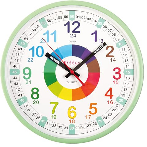 Kiddus Horloge Murale Enfant pour Apprendre l'Heure, Horloge Apprentissage 30cm avec Aiguilles Inscrites Heure et Minute, Décoration Chambre Fille et Garçon, Silencieuse, Pédagogique Chiffres Colorés