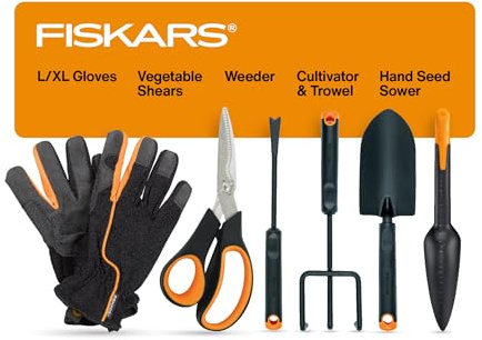 Fiskars Vegetable Gardening Essentials 6-Piece Tool Set for Cultivating, Serrated Stainless Steel Shears & 4-in-1 Seed Sower for Planting, Rust-Resistant Steel Trowel, Cultivator, Weeder, L/XL Gloves