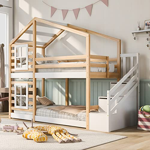 Aoskem Kinderbett Etagenbett 90x200 für 2 Kinder, Baumhaus Hochbett Hausbett mit Stauraum Treppe Schublade, Holzbett Bettgestell mit Rausfallschutz und Lattenrost, Jugendbett, Ohne Matratze Natur+Weiß