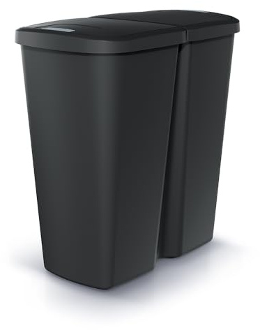 BirnePower Duo Mülleimer 50L (2x 25L) – Mülltrennsystem mit Klick-Deckel – Doppel-Abfalleimer Kunststoff Schwarz – Schmaler Mülltrenner für Küche, Büro & Haushalt – Geruchsdicht & Platzsparend