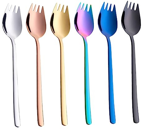 WESIEVYA 6piezas Cubiertos Inoxidable Tenedores y Cucharas De Doble Para Postres y Frutas Utensilios Prácticos Para