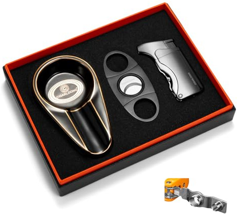 Zigarrenfeuerzeug mit Zigarrenschneider & Zigarren Aschenbecher Set, 3 in 1 Sturmfeuerzeug Edelstahl Zigarren Cutter Classic Ceramic Aschenbecher, Perfektes Zigarrenzubehör mit Geschenkbox (Silber)