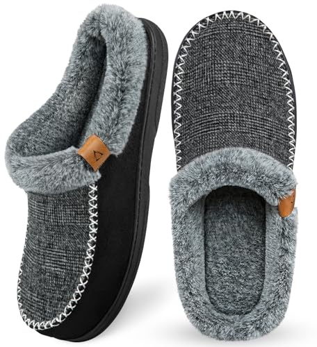 ATHMILE Men's Slippers Slip On Moccasin, Indoor Outdoor Warm Fuzzy Comfy House Shoes, Fluffy Wide Loafer Home Bedroom Slippers