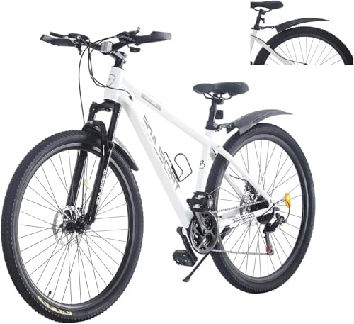 LSBIKE 24 26 27.5 29Inch Mountain Bike 21 Speed Drivetrain Hardtail Bicycle Mens Women Mountain Bike With Shock Lightweight Sport Cycling Bike for Adult with Mudguard MTB Bicycle (White, 24inch)