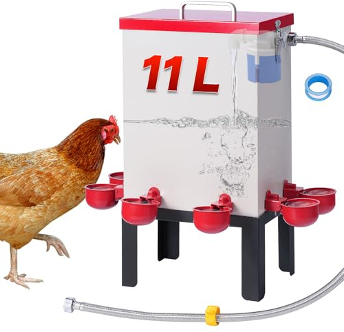Bebedero Automático para Pollos de Acero Inoxidable de 11 litros con Válvula de Flotador, Cuencos de Agua, Soporte de Suelo y Manguera, Máquina para Beber Pollos para Codornices, Patos, Gansos, Pavos