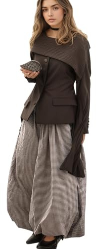 OCUH Balloon Pants Genie Pants Women Wide Leg Harem Aladdin Bubble Puffy Culottes Drawstring Baggy Stripe Ankle Trousers (Plaid,Large)