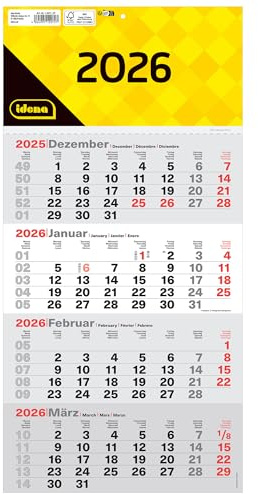 Idena 12072-4 Monatskalender 2026 in der Größe 30 x 60 cm, Wandkalender mit Schieber, 4-sprachiger Bürokalender mit Wochenzählung