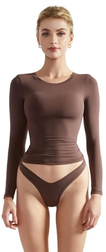 SUUKSESS Women Double Lined Fitted Basic T Shirts Crew Neck Long Sleeve Crop Top Brown